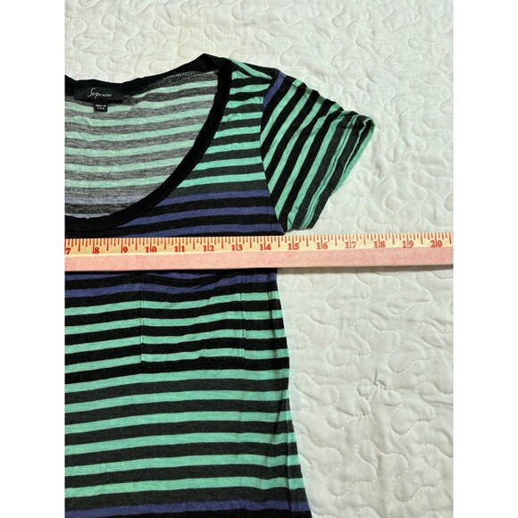 Soprano Green & Blue Striped Pocket y2k T-shirt size medium - Picture 5 of 6